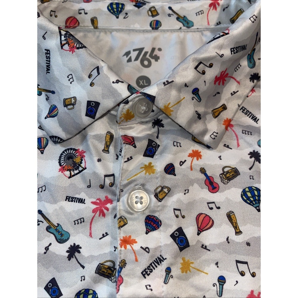 1764 Festival Golf Shirt Men XL Guitar Beer Air Baloon Ferris Wheel Music Tunes‎
